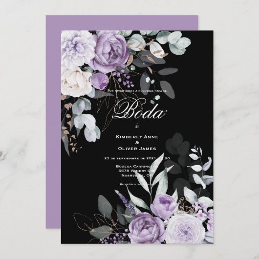 Faire-part de mariage Floral violet et noir (Devant / Derrière)