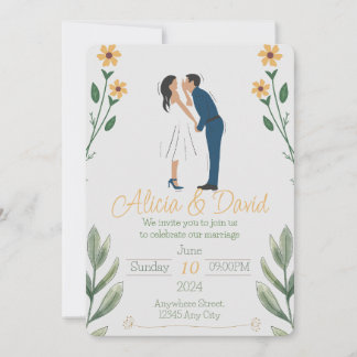 Faire-part de mariage florale avec mariée et chamb