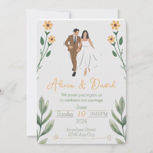 Faire-part de mariage florale avec mariée et chamb (Devant)