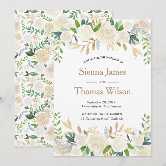 Faire-part de mariage florale blanche et dorée (Devant / Derrière)