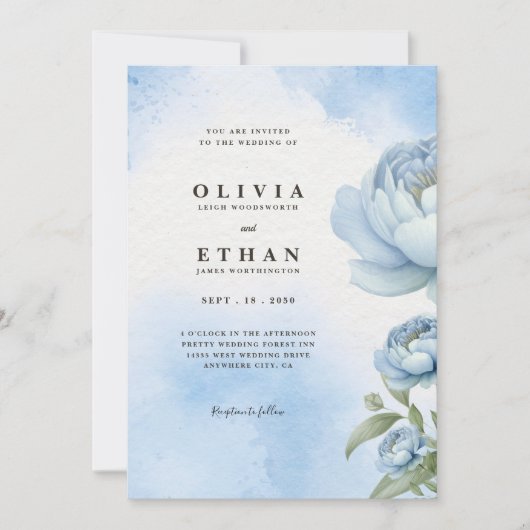 Faire-part de mariage florale Bleu (Devant)