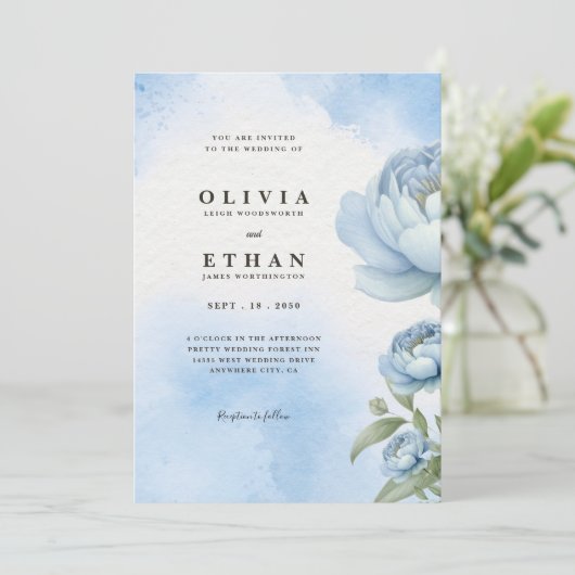 Faire-part de mariage florale Bleu (Debout devant)