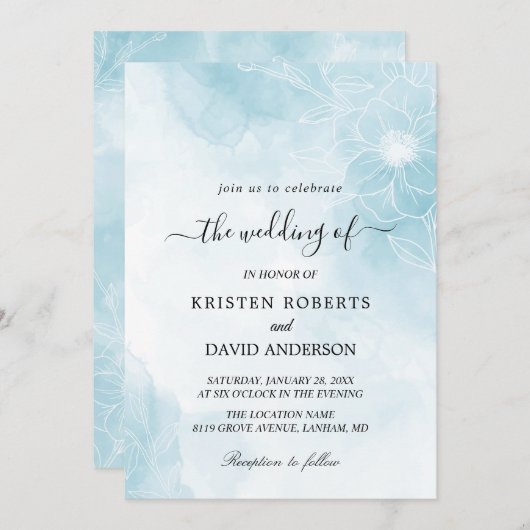 faire-part de mariage florale bleu clair (Devant / Derrière)