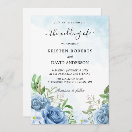 faire-part de mariage florale bleu clair (Devant / Derrière)