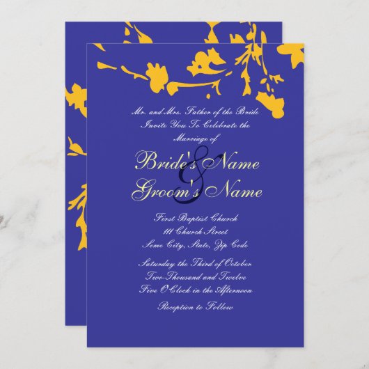 Faire-part de mariage florale bleu et jaune (Devant / Derrière)