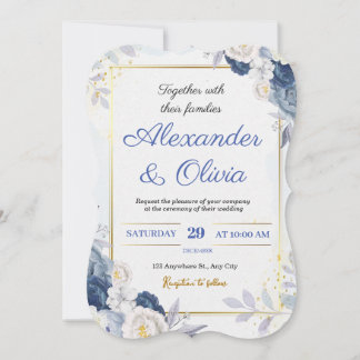 Faire-part de mariage Florale Bleu et Or