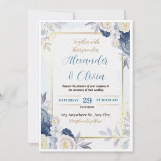 Faire-part de mariage Florale Bleu et Or