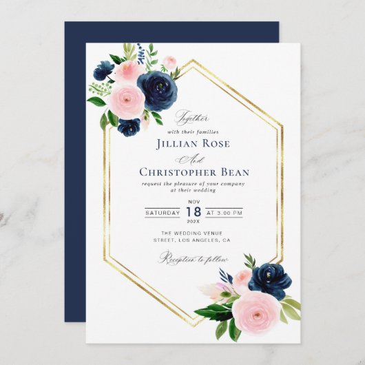 faire-part de mariage florale bleu marine et rouss (Devant / Derrière)