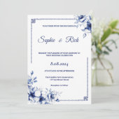 Faire-part de mariage florale classique bleu (Debout devant)