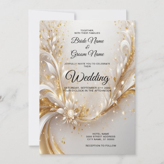 Faire-part de mariage Florale d'or blanc (Devant)