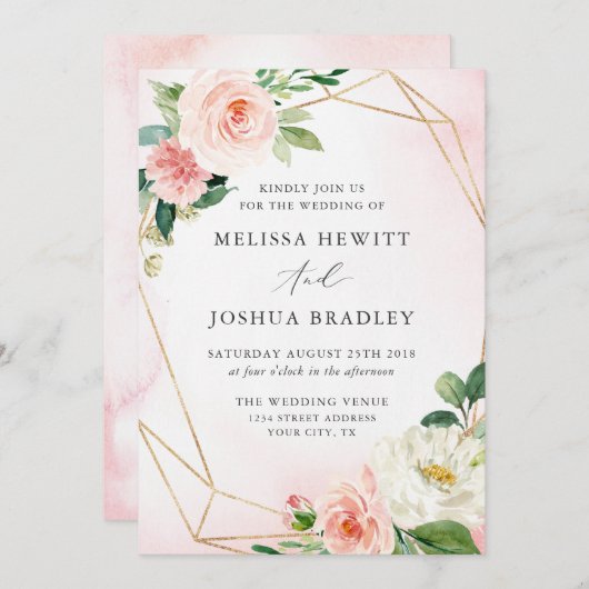 Faire-part de mariage florale géométrique rose et  (Devant / Derrière)