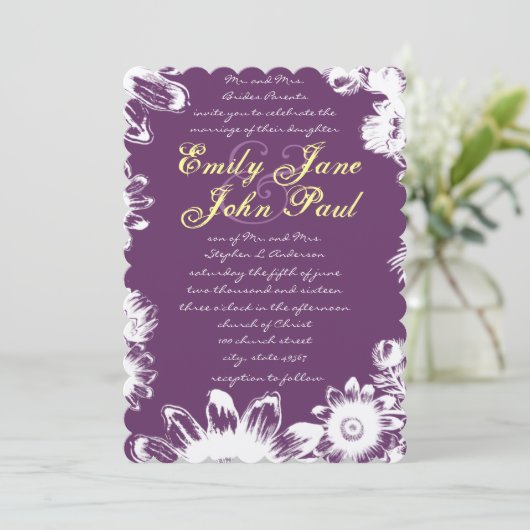 Faire-part de mariage florale jaune pourpre (Debout devant)