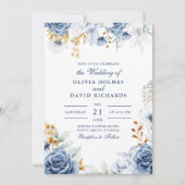Faire-part de mariage florale moderne bleu et or (Devant)