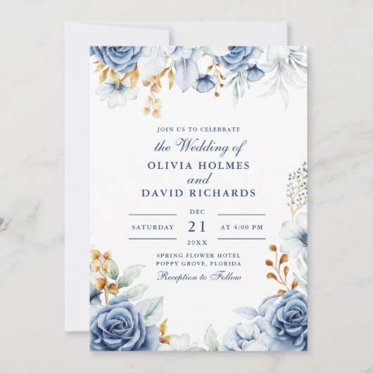 Faire-part de mariage florale moderne bleu et or (Devant)