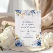 Faire-part de mariage florale moderne bleu et or