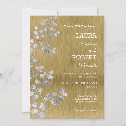 Faire-part de mariage florale moderne d'argent et  (Devant)