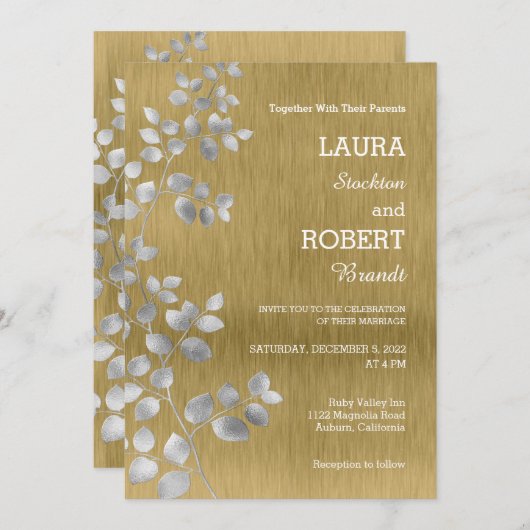 Faire-part de mariage florale moderne d'argent et  (Devant / Derrière)