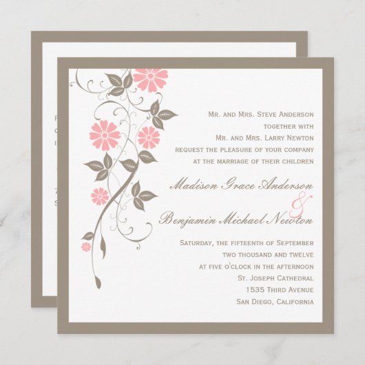 Faire-part de mariage florale moderne - rose tendr (Devant / Derrière)