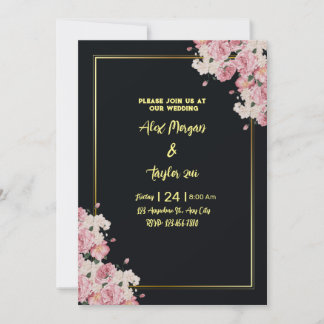Faire-part de mariage florale noire et or