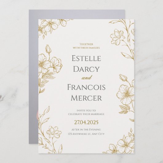 Faire-part de mariage Florale Or, Élégant Ca Class (Devant / Derrière)