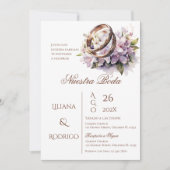 Faire-part de mariage florale pourpre avec anneaux (Devant)