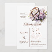 Faire-part de mariage florale pourpre avec anneaux (Devant / Derrière)