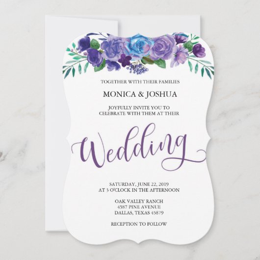 Faire-part de mariage florale pourpre et bleu (Devant)