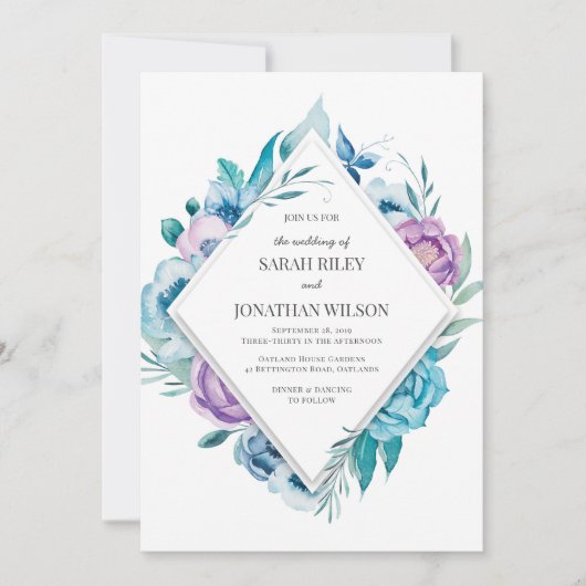 Faire-part de mariage florale pourpre et bleu (Devant)