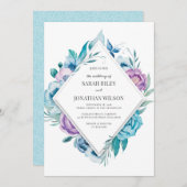 Faire-part de mariage florale pourpre et bleu (Devant / Derrière)