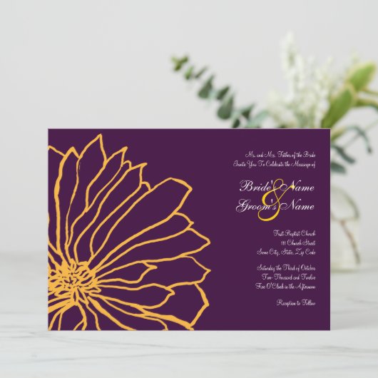 Faire-part de mariage florale pourpre et jaune (Debout devant)