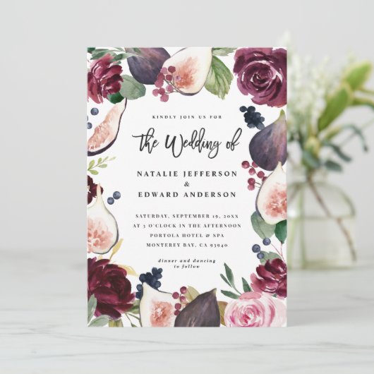 Faire-part de mariage florale rose, bordeaux et fi (Debout devant)