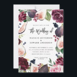 Faire-part de mariage florale rose, bordeaux et fi<br><div class="desc">Faire-part de mariage florale rose,  bordeaux et figuier. Aquarelle fleurie,  feuillage et fruits peints à la main. Une partie d'une suite mariage. La couleur Arrière - plan peut être customisée.</div>