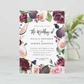 Faire-part de mariage florale rose, bordeaux et fi (Debout devant)