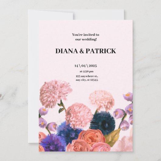 Faire-part de mariage florale rose et violet (Devant)