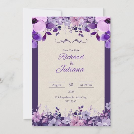 Faire-part de mariage florale rose et violet class (Devant)