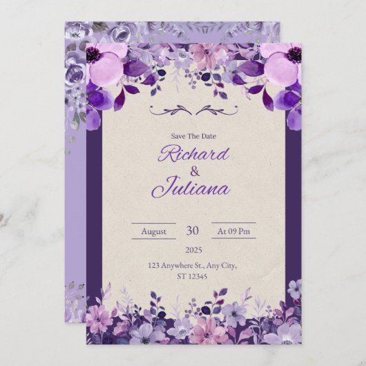 Faire-part de mariage florale rose et violet class (Devant / Derrière)