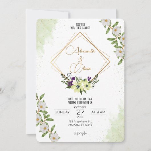 Faire-part de mariage Florale verte blanche (Devant)