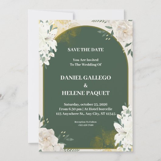 Faire-part de mariage florale verte et blanche (Devant)