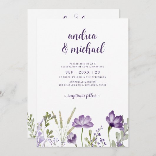 Faire-part de mariage florale violet avec détails  (Devant / Derrière)