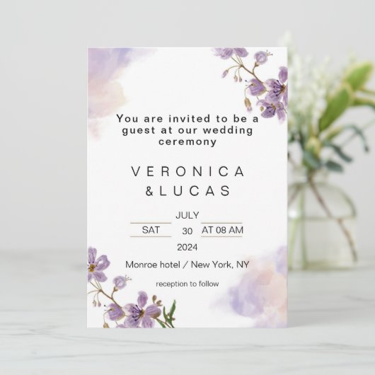 Faire-part de mariage Florale violet blanc (Debout devant)