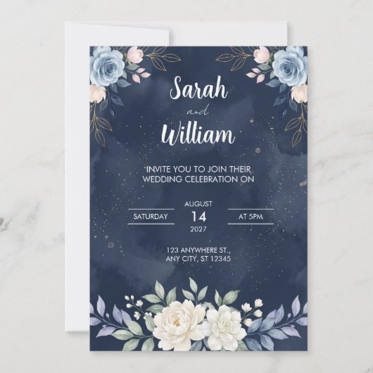 Faire-part de mariage Florales Bleu Nuit Céleste (Devant)