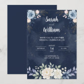 Faire-part de mariage Florales Bleu Nuit Céleste (Devant / Derrière)