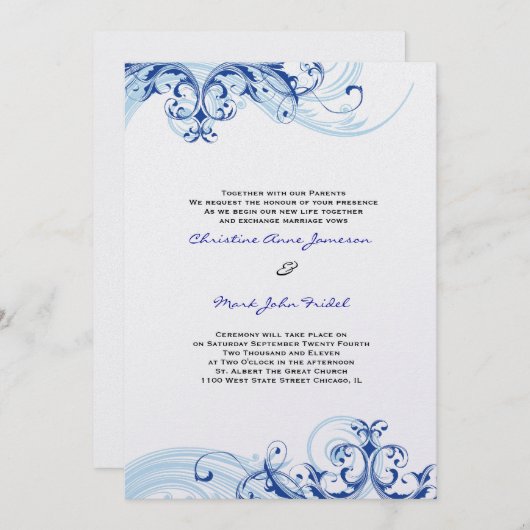 Faire-part de mariage flottant Royal Blue Scroll (Devant / Derrière)