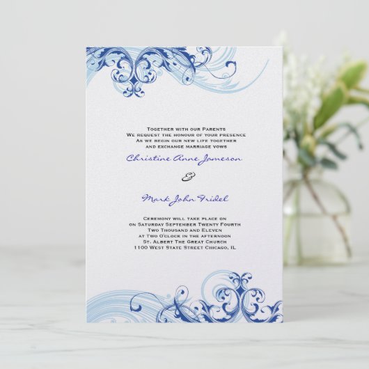 Faire-part de mariage flottant Royal Blue Scroll (Debout devant)