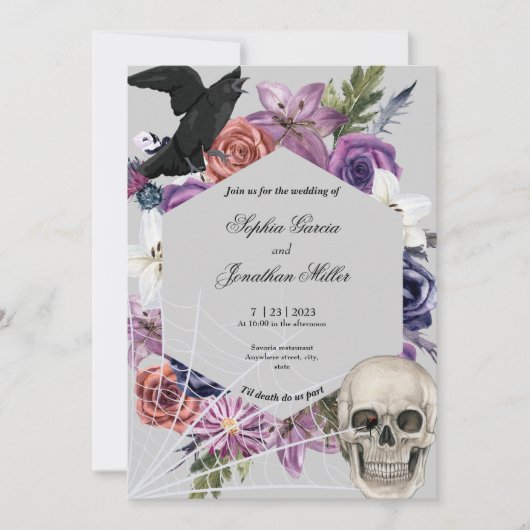 Faire-part de mariage foncé mauve et noire (Devant)