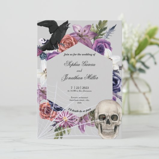 Faire-part de mariage foncé mauve et noire (Debout devant)