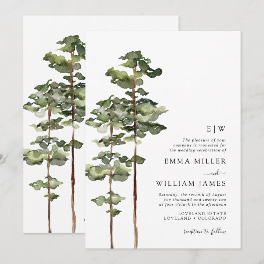 Faire-part de mariage forêt aquarelle (Devant / Derrière)