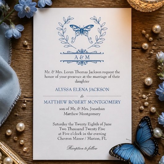Faire-part de mariage formel au monogramme papillo