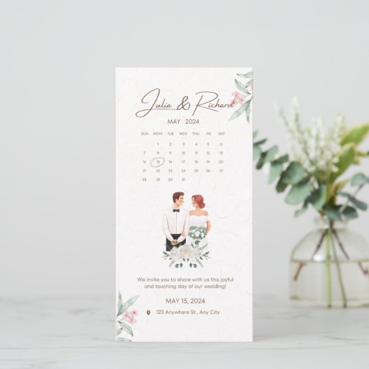 Faire-part de mariage Formel Beige et Vert Floral (Debout devant)