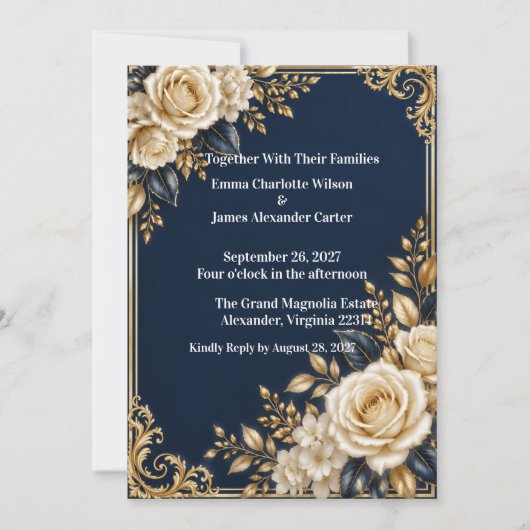 Faire-part de mariage formel bleu marine et or (Devant)